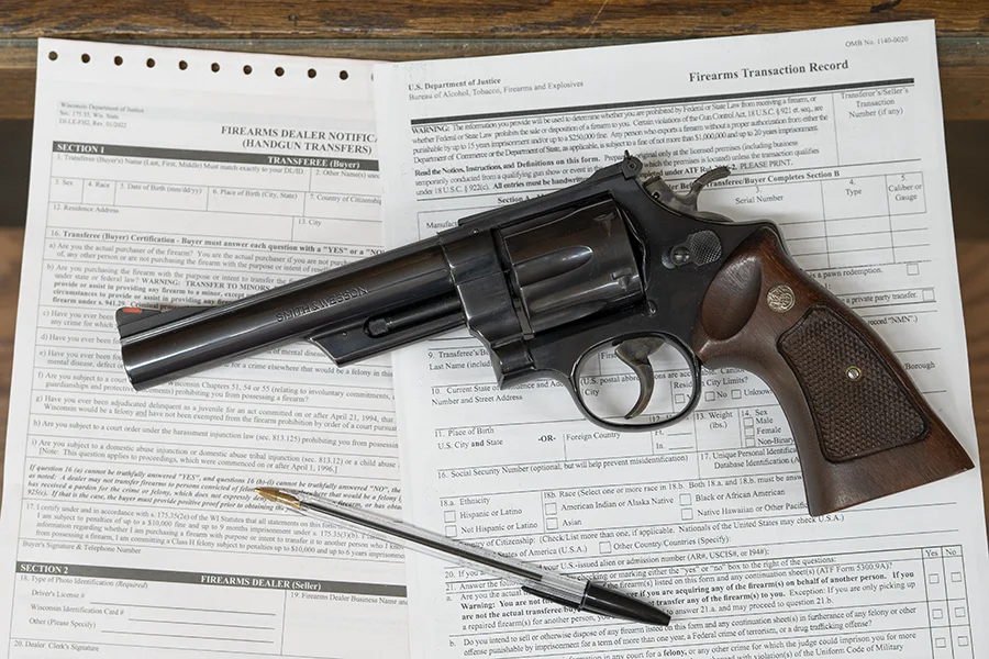 Firearm prepared for transfer at Ron’s Gun Shop in Germantown
