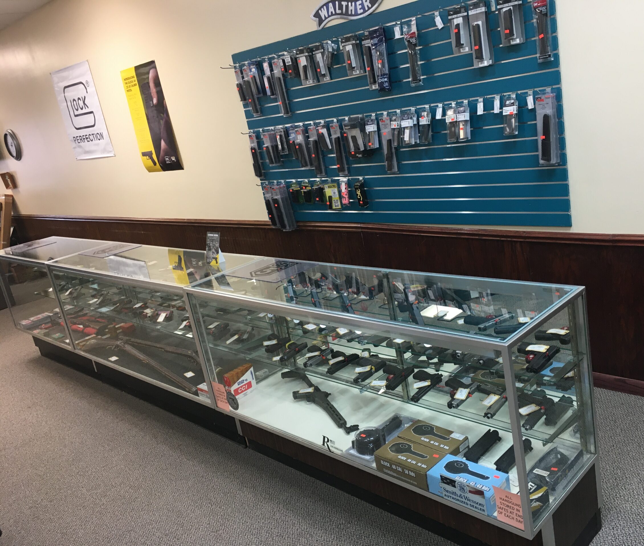 Firearm display cases inside Ron’s Gun Shop in Germantown, Wisconsin